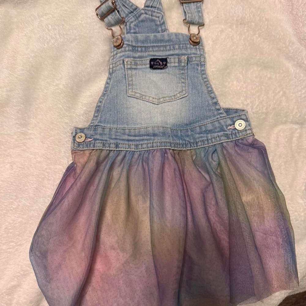 Jordache rainbow denim dress with adjustable straps and pockets. Size: 4 year...